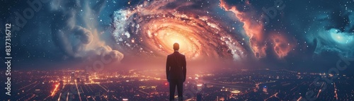 A person stands overlooking a cityscape at night with a surreal galaxy above, merging the cosmic with the urban environment.