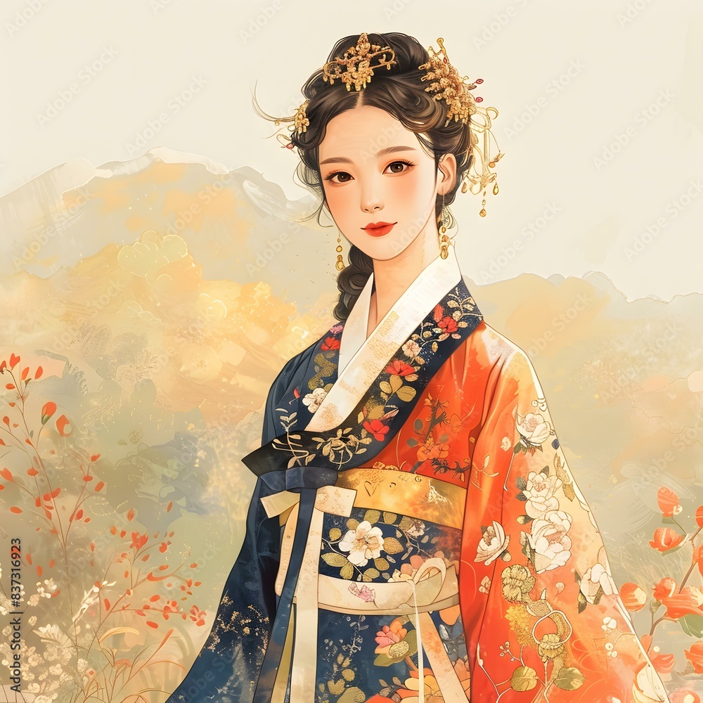 A beautiful illustration of a young woman in a traditional Korean hanbok dress with mountains in the background A beautiful illustration of a young woman in a traditional Korean hanbok dress with mountains in the background