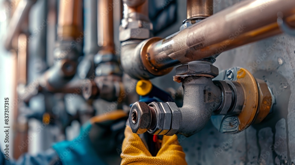 Plumber repairing copper pipes with a wrench in an industrial setting, emphasizing skill and craftsmanship. Concept of plumbing, maintenance, and expertise.
Plumber repairing copper pipes with a wrench in an industrial setting, emphasizing skill and craftsmanship. Concept of plumbing, maintenance, and expertise.