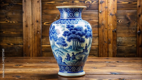 Chinese blue and white porcelain vase on a wooden table