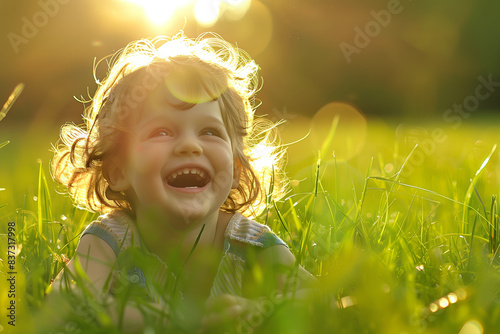 Fototapeta Naklejka Na Ścianę i Meble -  Cute little girl laughing while lying in the grass and looking at the sun