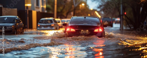 Car driving through flooded street