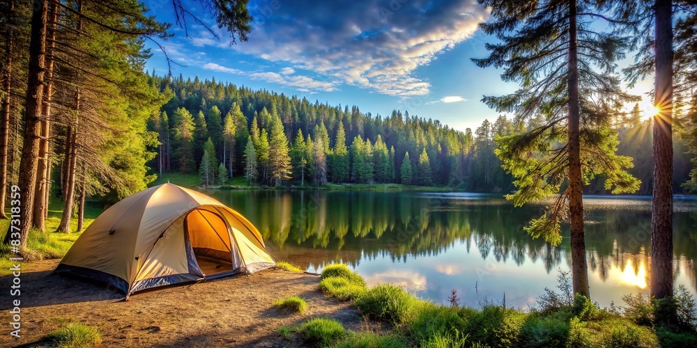 Serene lakeside camping view with an empty tent set against a backdrop of dense forest