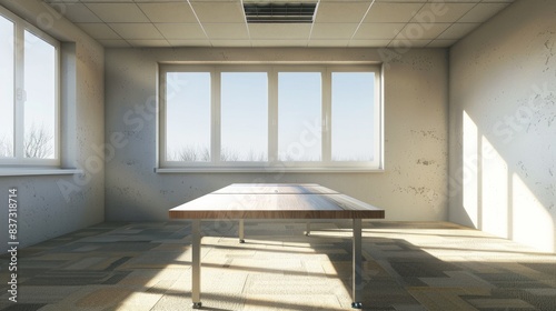 A minimalist scene featuring a table in an empty office room  conveying simplicity and potential.  
