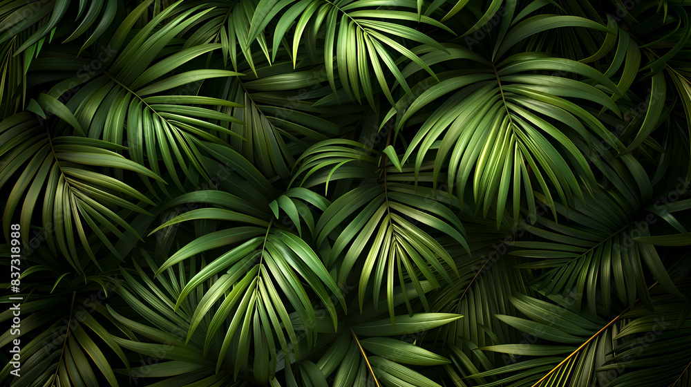 Texture of palm branches, lush green colors of the fronds, perfect for a vibrant and tropical background Texture of palm branches, lush green colors of the fronds, perfect for a vibrant and tropical background
