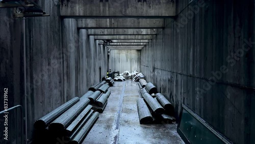 Concrete long rectangular tunnel with storage of building materials, bunker perspective view