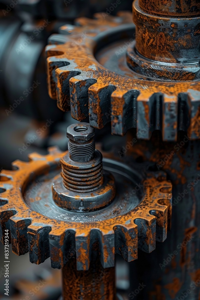 Gears in motion, close perspective, showcasing intricate industrial design, mechanical harmony Gears in motion, close perspective, showcasing intricate industrial design, mechanical harmony