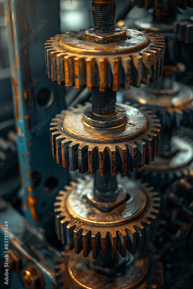Gears in motion, close perspective, showcasing intricate industrial design, mechanical harmony Gears in motion, close perspective, showcasing intricate industrial design, mechanical harmony