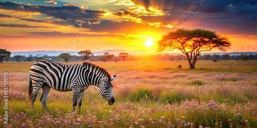 Vibrant Africa orange zebra sunrise over blooming flower grass in meadow field with back-light  featuring zebra grazing peacefully