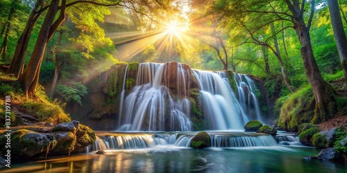 Beautiful nature wallpaper of a waterfall in a forest with sun rays shining through the trees