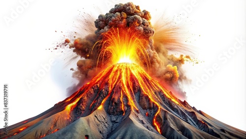 Erupting volcano with lava explosion on white background photo