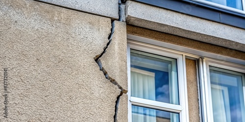 Detail of a crack in building facade cladding near window lintel area photo