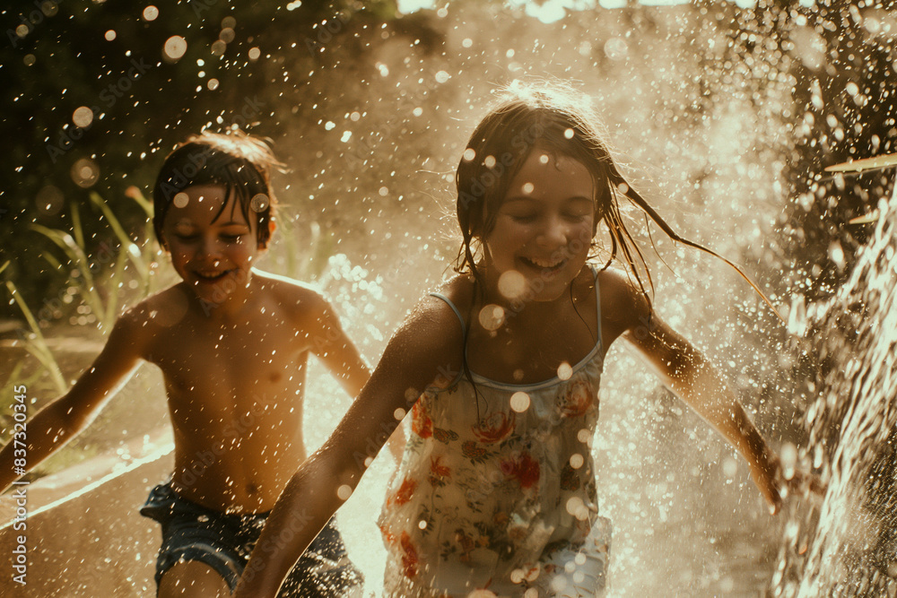 Obraz premium Two happy children running through a sprinkler in the summer