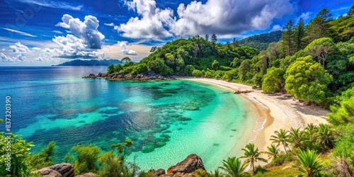 Scenic coastal landscape with sandy beach, clear blue water, and vibrant greenery photo