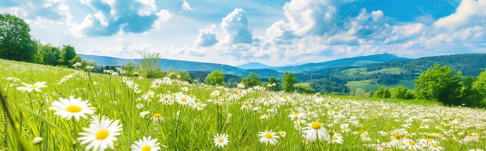 Beautiful spring and summer natural panoramic pastoral landscape with blooming field of daisies in the grass in the hilly countryside