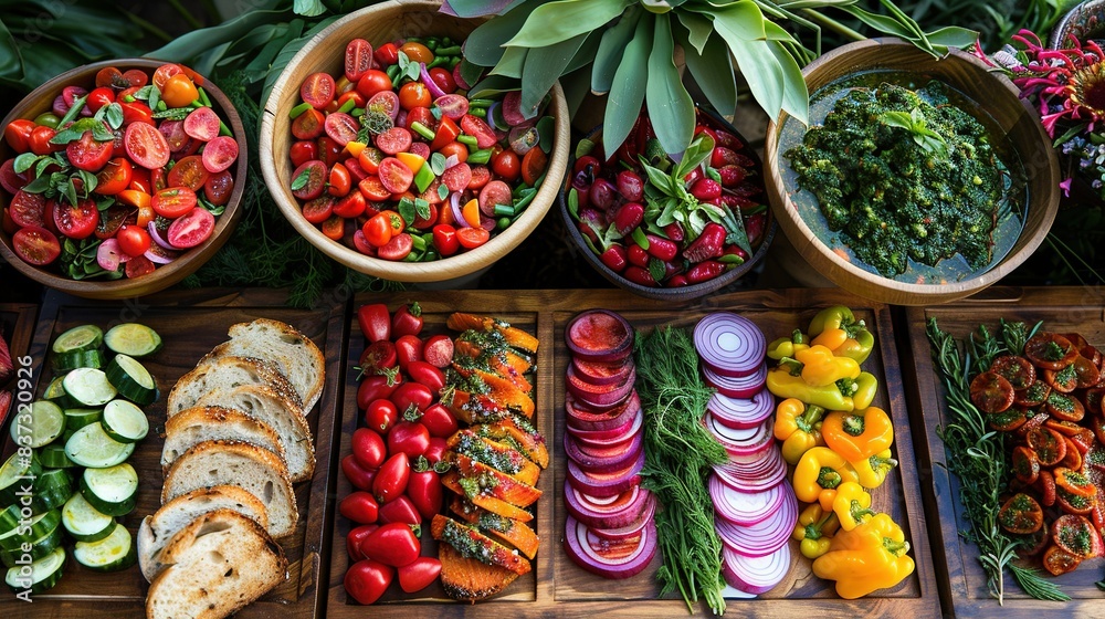 A colorful arrangement of diverse vegetables, fruits, and bowls A colorful arrangement of diverse vegetables, fruits, and bowls