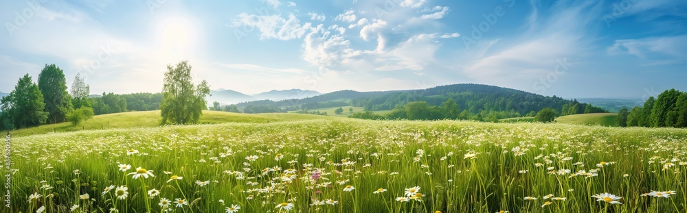 Beautiful spring and summer natural panoramic pastoral landscape with blooming field of daisies in the grass in the hilly countryside Beautiful spring and summer natural panoramic pastoral landscape with blooming field of daisies in the grass in the hilly countryside
