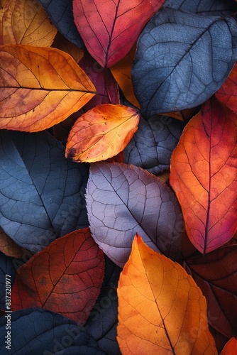 Abstract image of colorful leaves in fiery and cool tones, symbolizing the contrast between heat and cold, in a unique artistic display