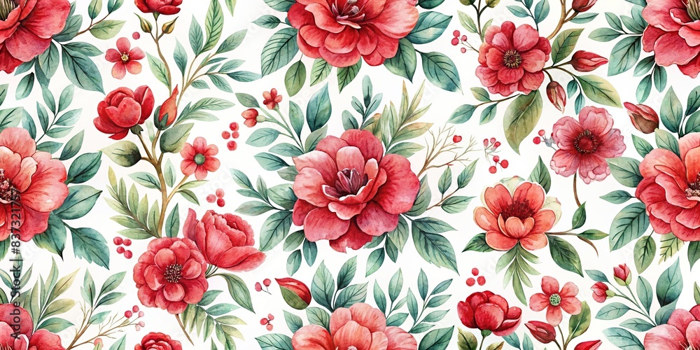 Seamless red floral watercolor pattern on white background, red, floral, watercolor, pattern, seamless, background, white, nature, elegant, design, romantic, wallpaper, decorative, texture