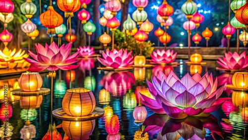 Vesak festival decorations and lanterns with lotus flowers