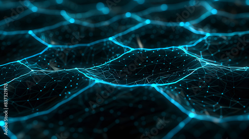 Pattern featuring interconnected nodes and lines, ideal for technological operations and AI, dark background with glowing highlights, data encryption and transmission photo