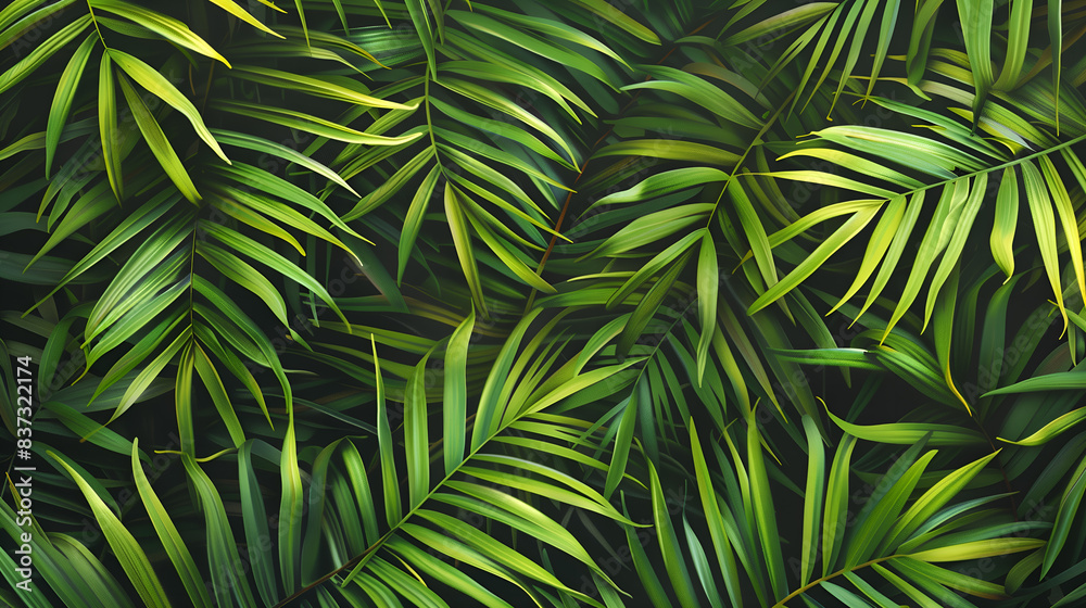 Naklejka premium Texture of palm branches, lush green colors of the fronds, perfect for a vibrant and tropical background