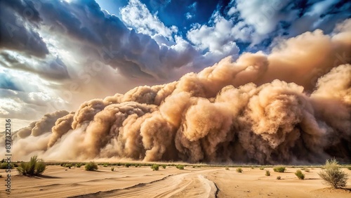 Sandstorm dust clouds hanging over a barren desert landscape photo