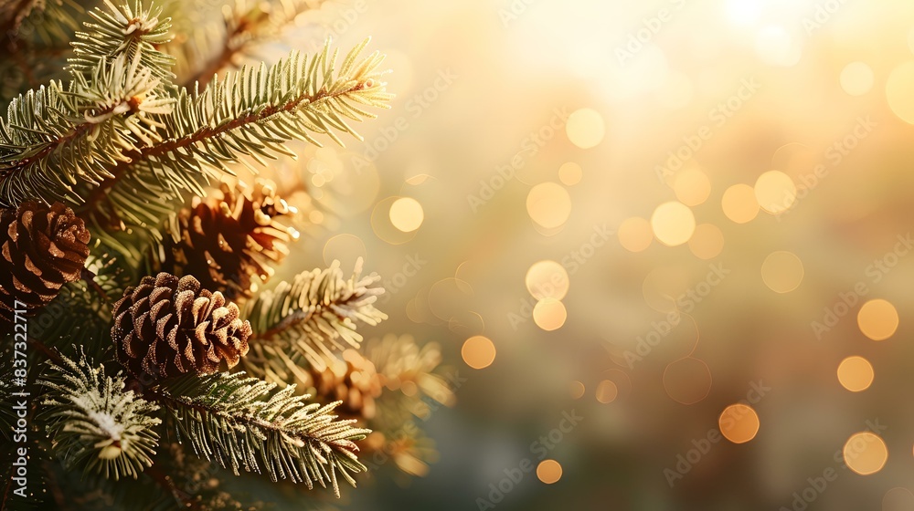Close up of a pine cone on a pine tree with blurred golden bokeh lights in the background Close up of a pine cone on a pine tree with blurred golden bokeh lights in the background