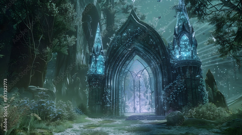 Naklejka premium Ornate crystal gate with magical patterns, leading to another dimension