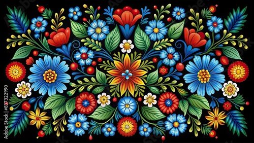 Ukrainian folk art inspired design with blue, red, yellow, white flowers on a dark background , Ukrainian, folk art, Petrikovskaya painting, blue, red, yellow, white, flowers photo