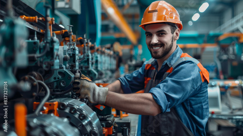 Ai generated image of smiling male factory engineer professional mechanic repairing machines