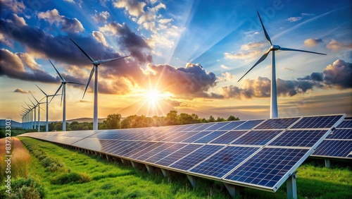 A stock photo of a solar energy panel photovoltaic cell and wind turbine farm, representing clean and sustainable energy generation