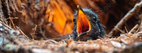 Banner of Fallen from the nest little Redstart Phoenicurus ochruros bird's chick, close up photo