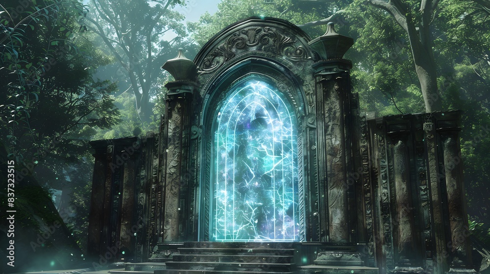 Ornate crystal gate with magical patterns, leading to another dimension Ornate crystal gate with magical patterns, leading to another dimension