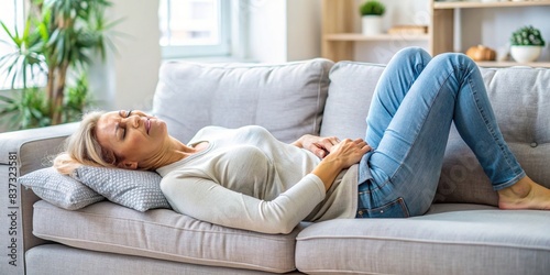 Woman reclining on couch in pain