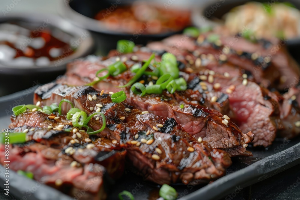 AsianInspired Grilling Grilled beef slices served with Asianstyle dipping sauces and garnished with sesame seeds and green onions AsianInspired Grilling Grilled beef slices served with Asianstyle dipping sauces and garnished with sesame seeds and green onions