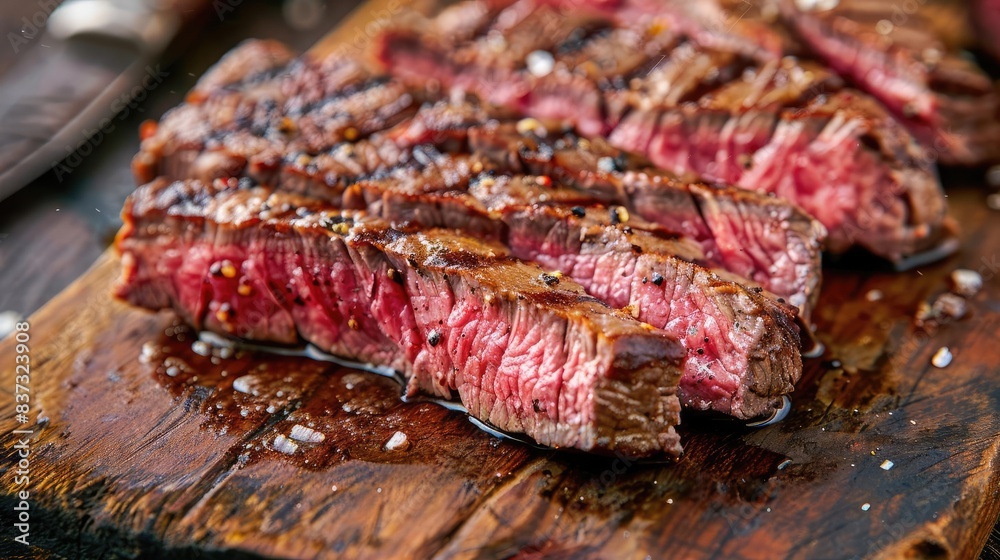 Medium Rare Perfection A sliced grilled beef steak showing the perfect mediumrare doneness, with juices visible Medium Rare Perfection A sliced grilled beef steak showing the perfect mediumrare doneness, with juices visible
