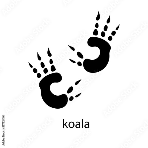 Koala footprint.  Handprint in black color. Vector illustration isolated on white background. For posters, greeting cards, game designs, flyers, banner.