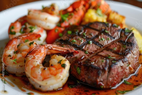 Surf and Turf A luxurious plate of grilled beef steak paired with grilled shrimp or lobster
