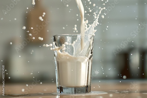 High quality image of milk pouring into glass, highlighting smooth texture and reflective surface