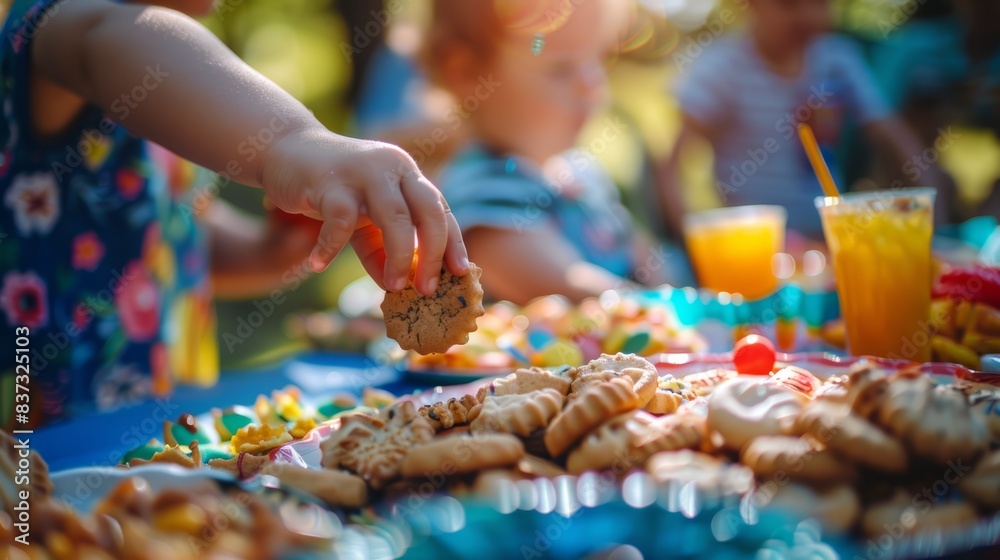 Close-up of a child's hand reaching for cookies on a colorful table with other children in the background