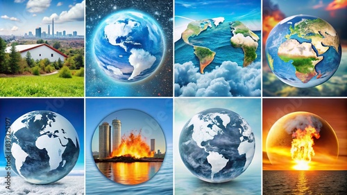 of various icons representing greenhouse effect, climate change, global warming, earthquakes, flooding, extreme temperature, and ice melting