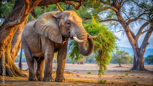 Elephant feeding on tree branch in Mana Pools NP  Zimbabwe Generative AI
