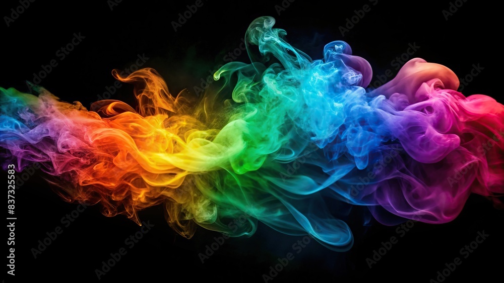 Colorful smoke swirling gracefully against a pitch-black background