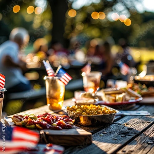 Outdoor picnic table with American flags  food  and drinks during a gathering. Fourth of July celebration concept
