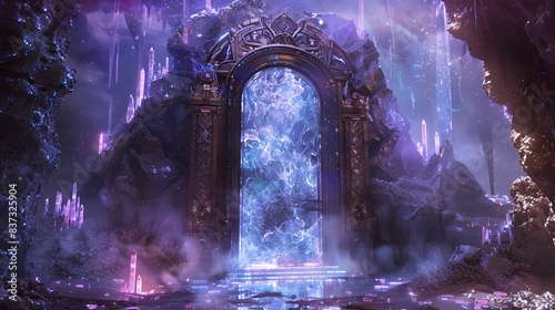 Ornate crystal gate with magical patterns  leading to another dimension