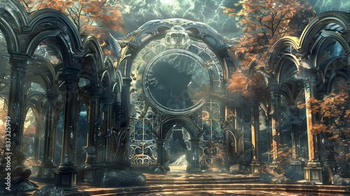 Ornate crystal gate with magical patterns, leading to another dimension