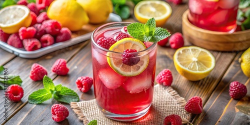 Refreshing raspberry lemon drink perfect for warm weather , fruity, beverage, glass, cold, summer, fresh, berries, citrus, ice, colorful, thirst-quenching, refreshing, healthy, delicious