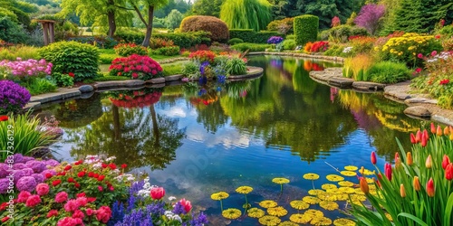 A tranquil pond surrounded by vibrant flowers , nature, pond, flowers, peaceful, serene, outdoor, garden, tranquil, calming, beauty, landscape, water, reflection, colorful, summer, spring