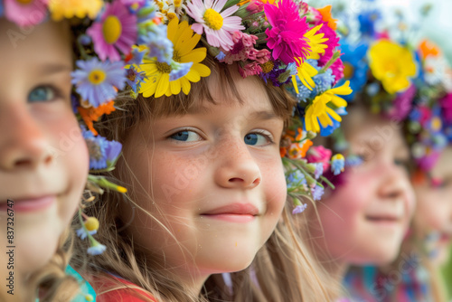 AI generated illustration of a row of young kids with vibrant flower crowns